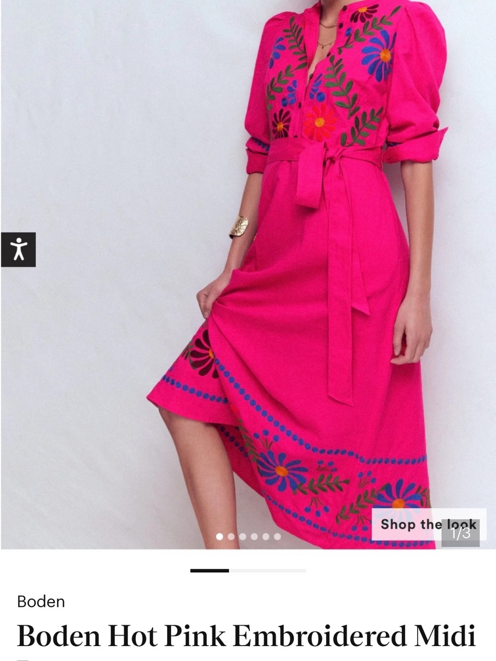 Boden Bright Pink Embroidered Tie-Waist Midi Dress - Picture 3 of 3